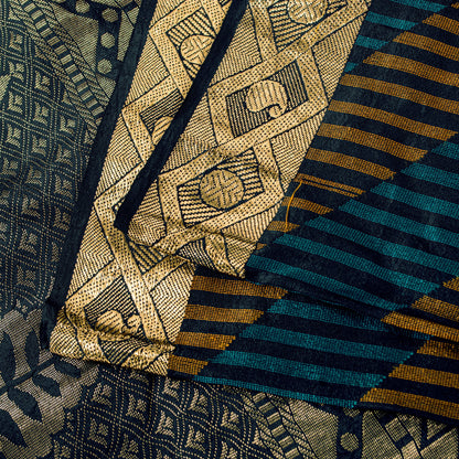 Sanskriti Vintage Black Pure Silk Saree Golden Woven Sari 5.5+YD Craft Fabric