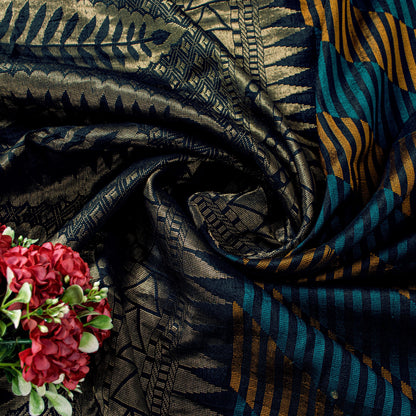 Sanskriti Vintage Black Pure Silk Saree Golden Woven Sari 5.5+YD Craft Fabric