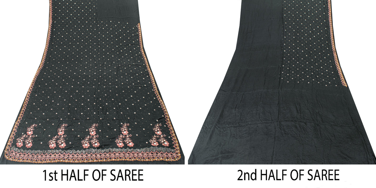 Sanskriti Vintage Black Pure Crepe Saree Hand Embroidered Sequins 5.5+YD Fabric