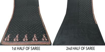 Sanskriti Vintage Black Pure Crepe Saree Hand Embroidered Sequins 5.5+YD Fabric