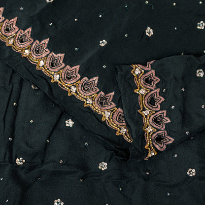 Sanskriti Vintage Black Pure Crepe Saree Hand Embroidered Sequins 5.5+YD Fabric