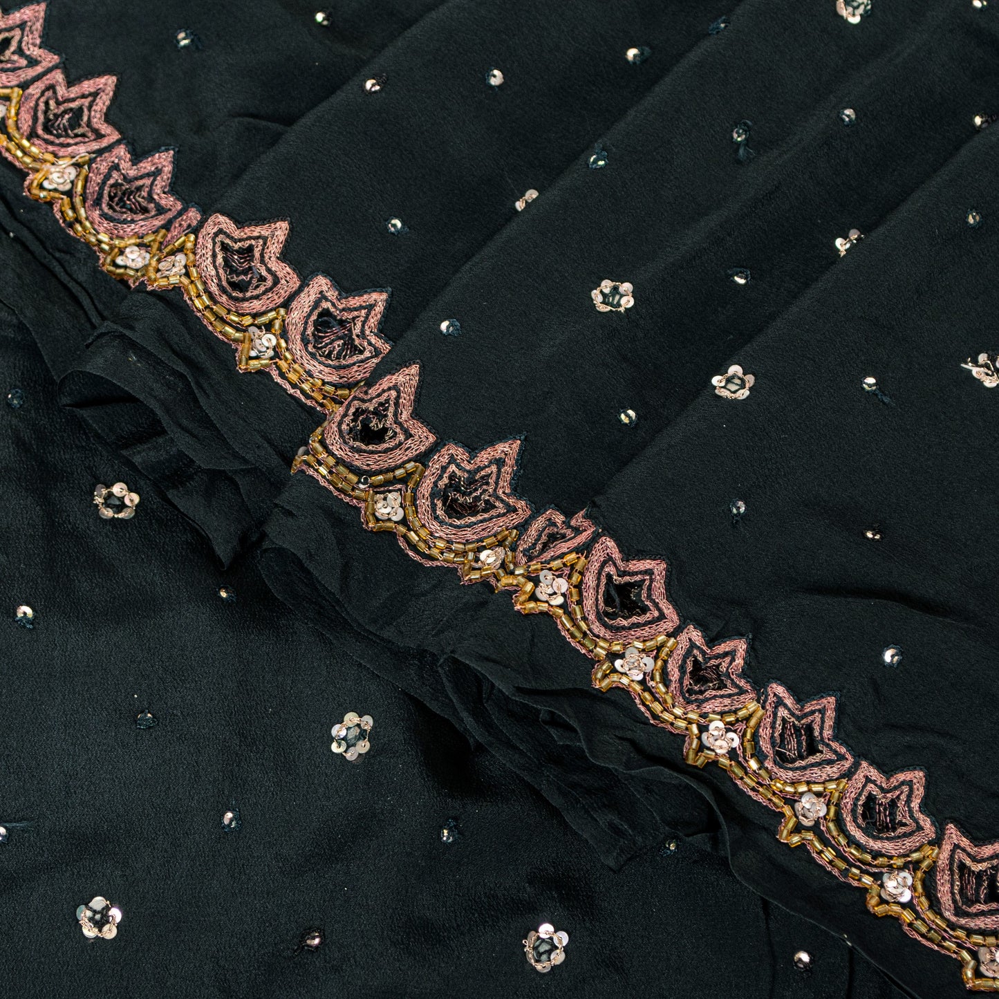 Sanskriti Vintage Black Pure Crepe Saree Hand Embroidered Sequins 5.5+YD Fabric