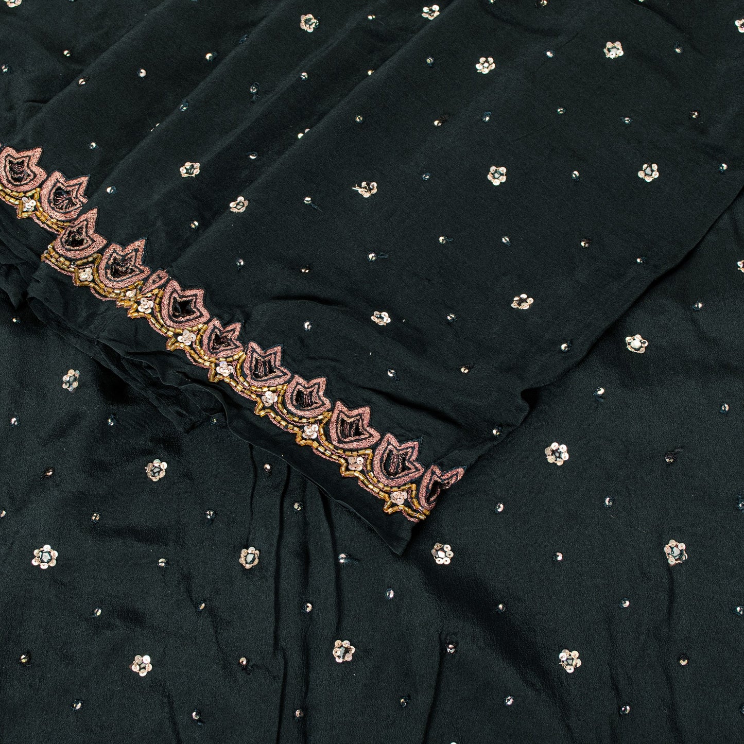 Sanskriti Vintage Black Pure Crepe Saree Hand Embroidered Sequins 5.5+YD Fabric