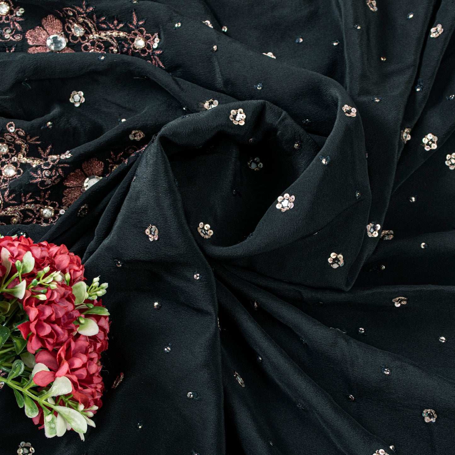 Sanskriti Vintage Black Pure Crepe Saree Hand Embroidered Sequins 5.5+YD Fabric