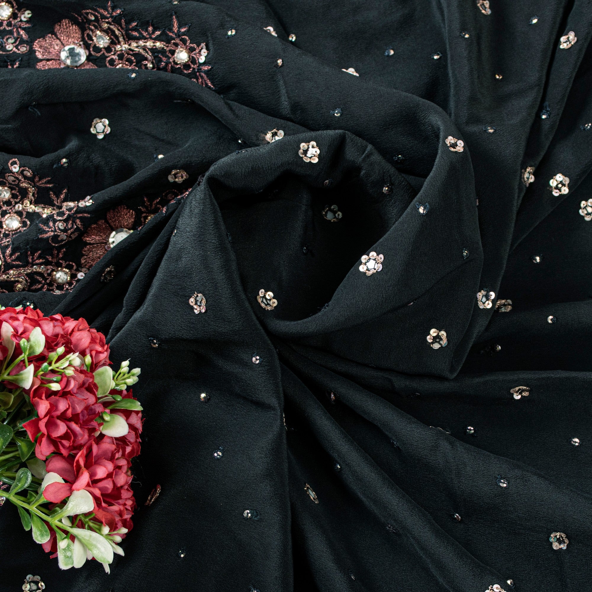 Sanskriti Vintage Black Pure Crepe Saree Hand Embroidered Sequins 5.5+YD Fabric