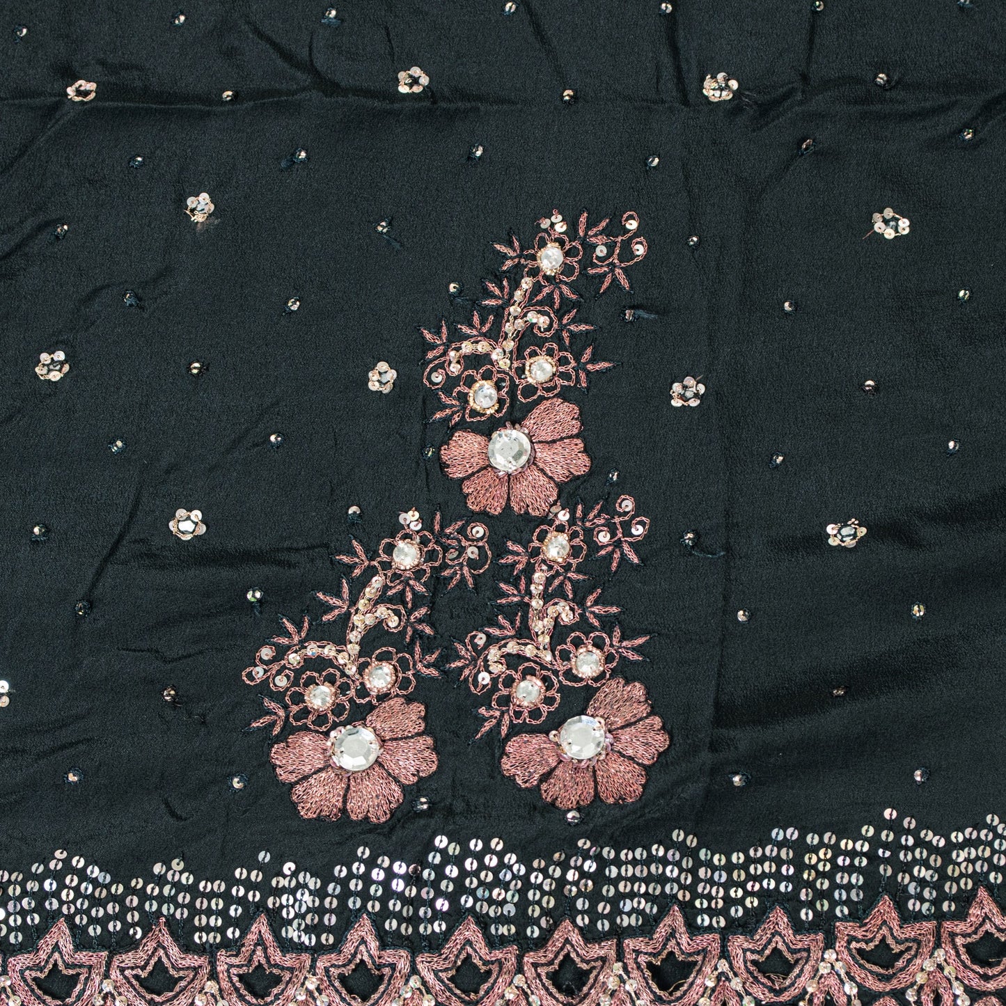 Sanskriti Vintage Black Pure Crepe Saree Hand Embroidered Sequins 5.5+YD Fabric