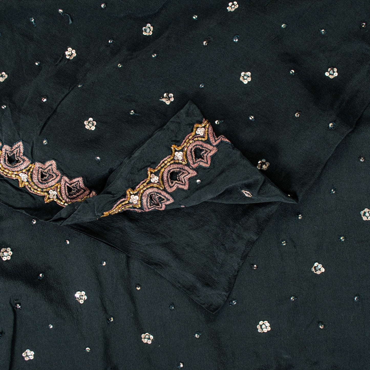 Sanskriti Vintage Black Pure Crepe Saree Hand Embroidered Sequins 5.5+YD Fabric