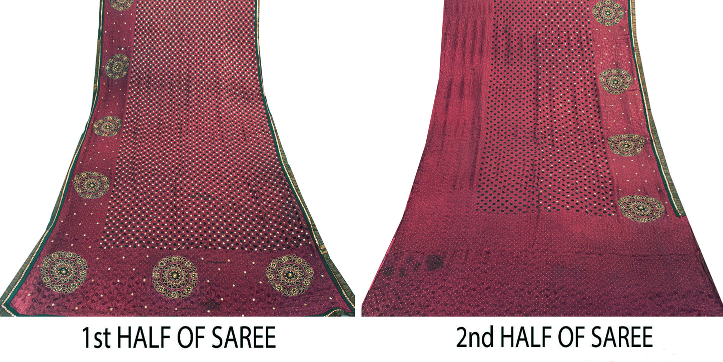 Sanskriti Vintage Wine Pure Silk Saree Hand Beaded Zari Velvet Patch 6+YD Fabric