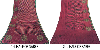 Sanskriti Vintage Wine Pure Silk Saree Hand Beaded Zari Velvet Patch 6+YD Fabric