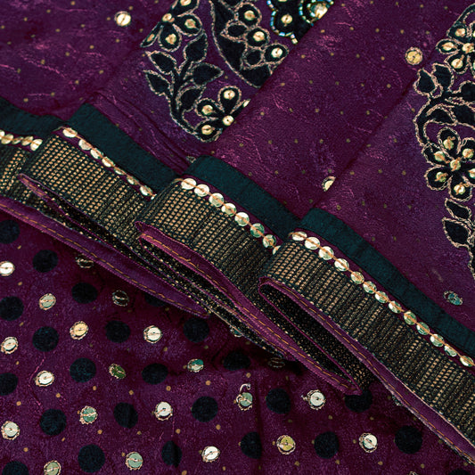 Sanskriti Vintage Wine Pure Silk Saree Hand Beaded Zari Velvet Patch 6+YD Fabric