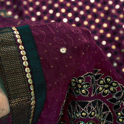 Sanskriti Vintage Wine Pure Silk Saree Hand Beaded Zari Velvet Patch 6+YD Fabric