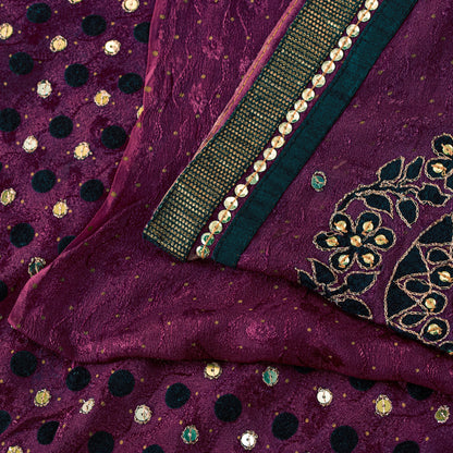 Sanskriti Vintage Wine Pure Silk Saree Hand Beaded Zari Velvet Patch 6+YD Fabric