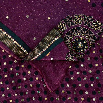 Sanskriti Vintage Wine Pure Silk Saree Hand Beaded Zari Velvet Patch 6+YD Fabric