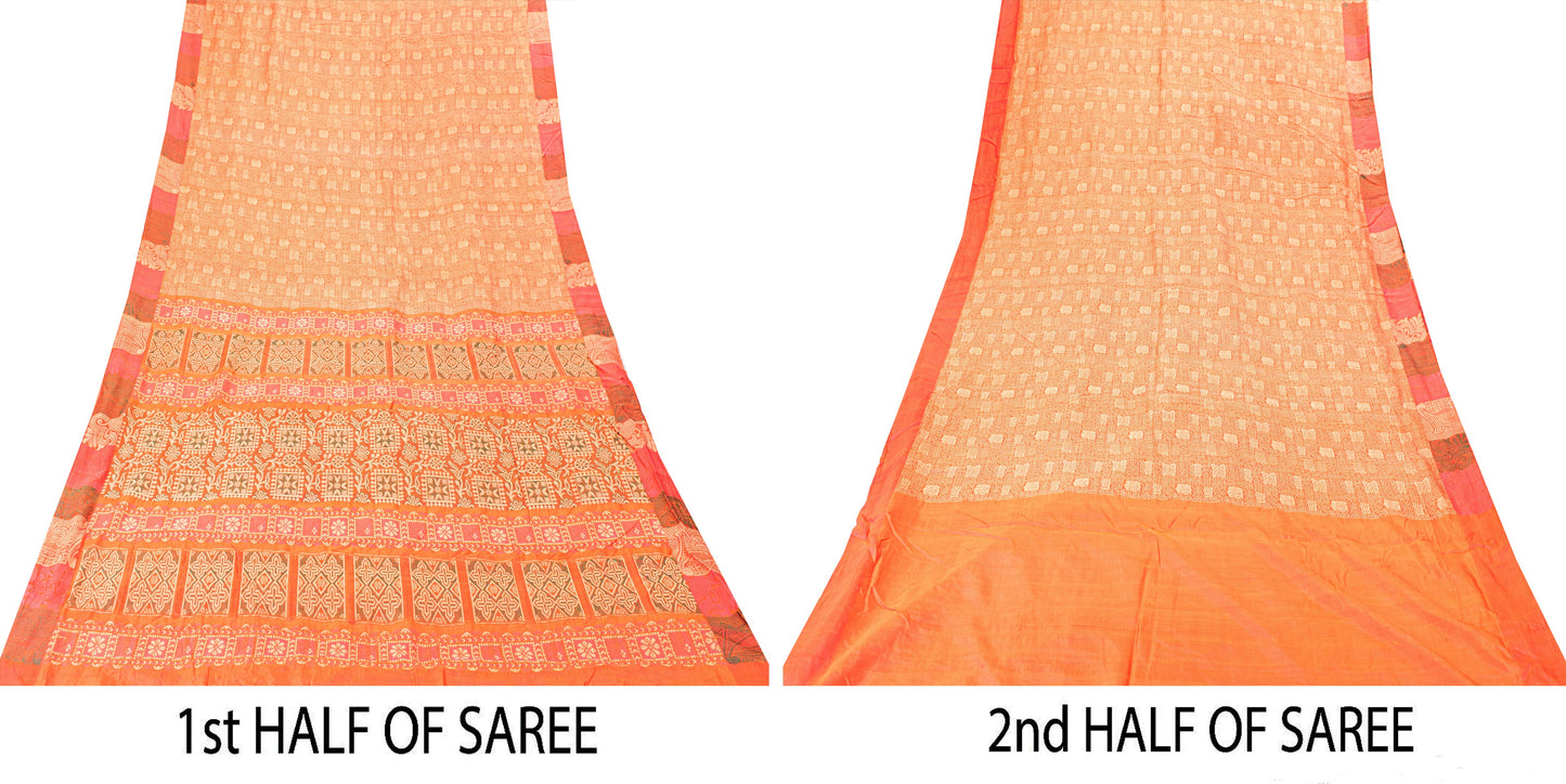 Sanskriti Vintage Orange 100%Pure Silk Saree Hand Woven Sari 5.5+YD Craft Fabric