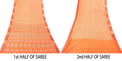 Sanskriti Vintage Orange 100%Pure Silk Saree Hand Woven Sari 5.5+YD Craft Fabric