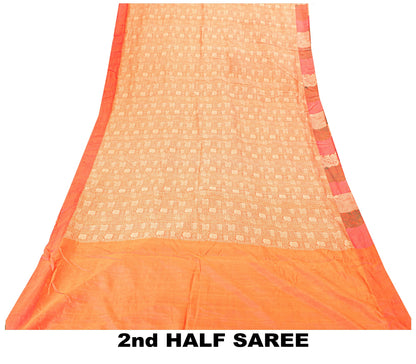 Sanskriti Vintage Orange 100%Pure Silk Saree Hand Woven Sari 5.5+YD Craft Fabric