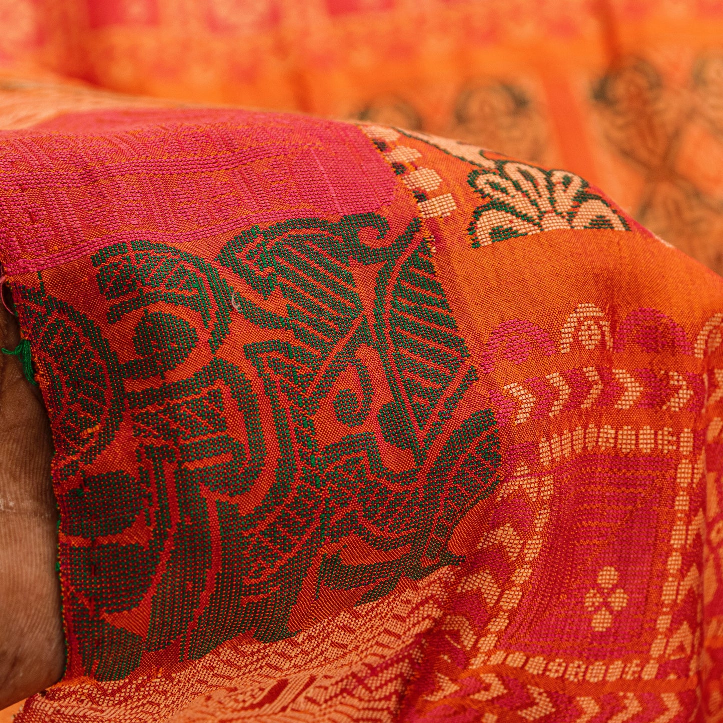 Sanskriti Vintage Orange 100%Pure Silk Saree Hand Woven Sari 5.5+YD Craft Fabric