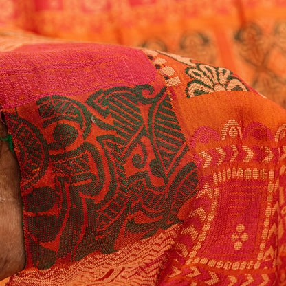 Sanskriti Vintage Orange 100%Pure Silk Saree Hand Woven Sari 5.5+YD Craft Fabric