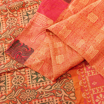 Sanskriti Vintage Orange 100%Pure Silk Saree Hand Woven Sari 5.5+YD Craft Fabric