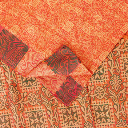 Sanskriti Vintage Orange 100%Pure Silk Saree Hand Woven Sari 5.5+YD Craft Fabric