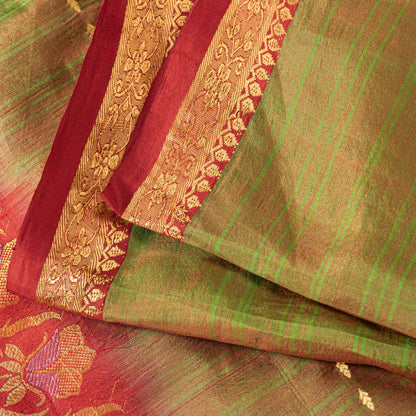 Sanskriti Vintage Green-Red Pure Silk Saree Zari Woven Sari 5.5+YD Craft Fabric