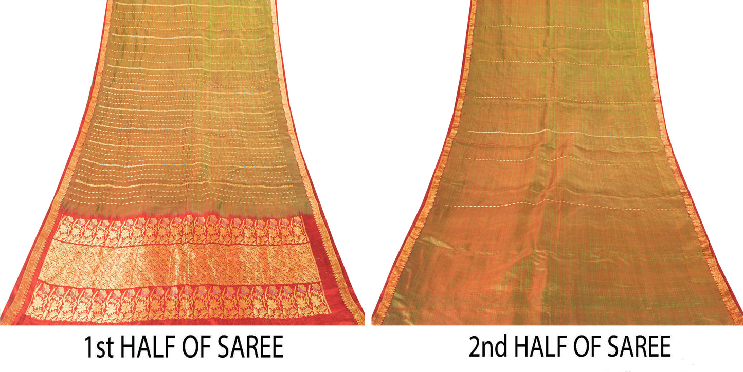 Sanskriti Vintage Green-Red Pure Silk Saree Zari Woven Sari 5.5+YD Craft Fabric