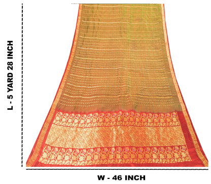 Sanskriti Vintage Green-Red Pure Silk Saree Zari Woven Sari 5.5+YD Craft Fabric