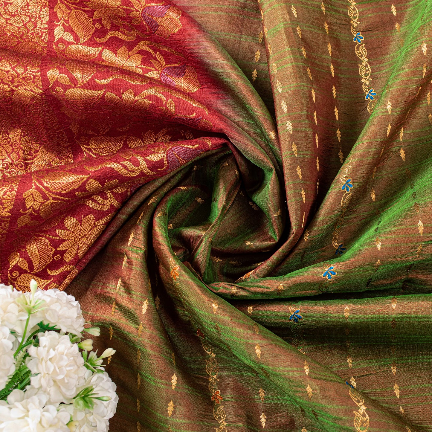 Sanskriti Vintage Green-Red Pure Silk Saree Zari Woven Sari 5.5+YD Craft Fabric