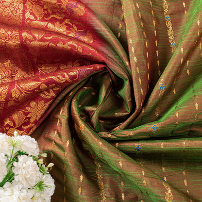 Sanskriti Vintage Green-Red Pure Silk Saree Zari Woven Sari 5.5+YD Craft Fabric