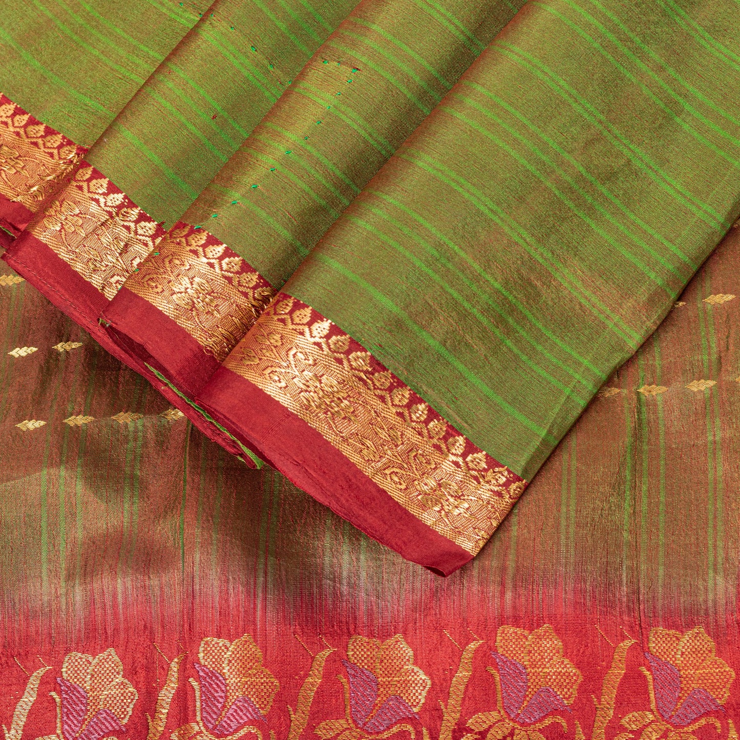 Sanskriti Vintage Green-Red Pure Silk Saree Zari Woven Sari 5.5+YD Craft Fabric