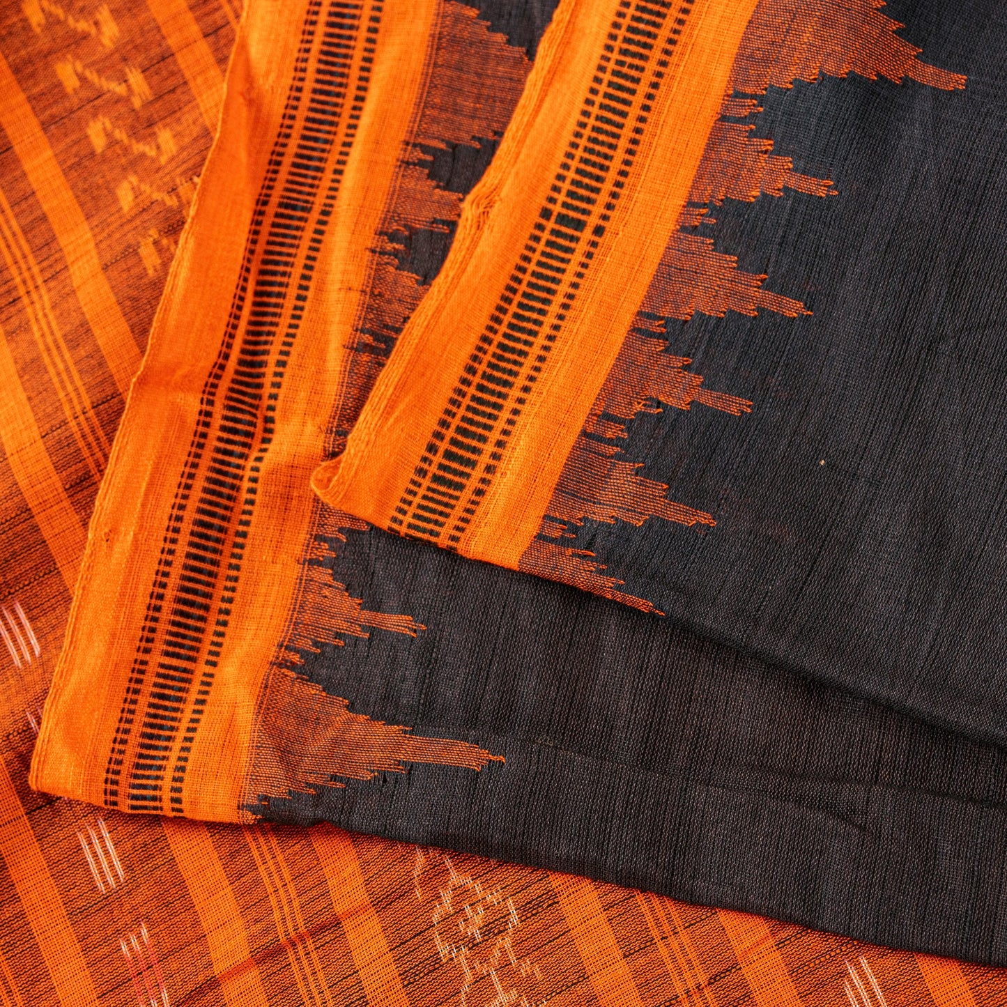 Sanskriti Vintage Black-Orange Pure Cotton Saree Handcrafted Bengali 5+YD Fabric