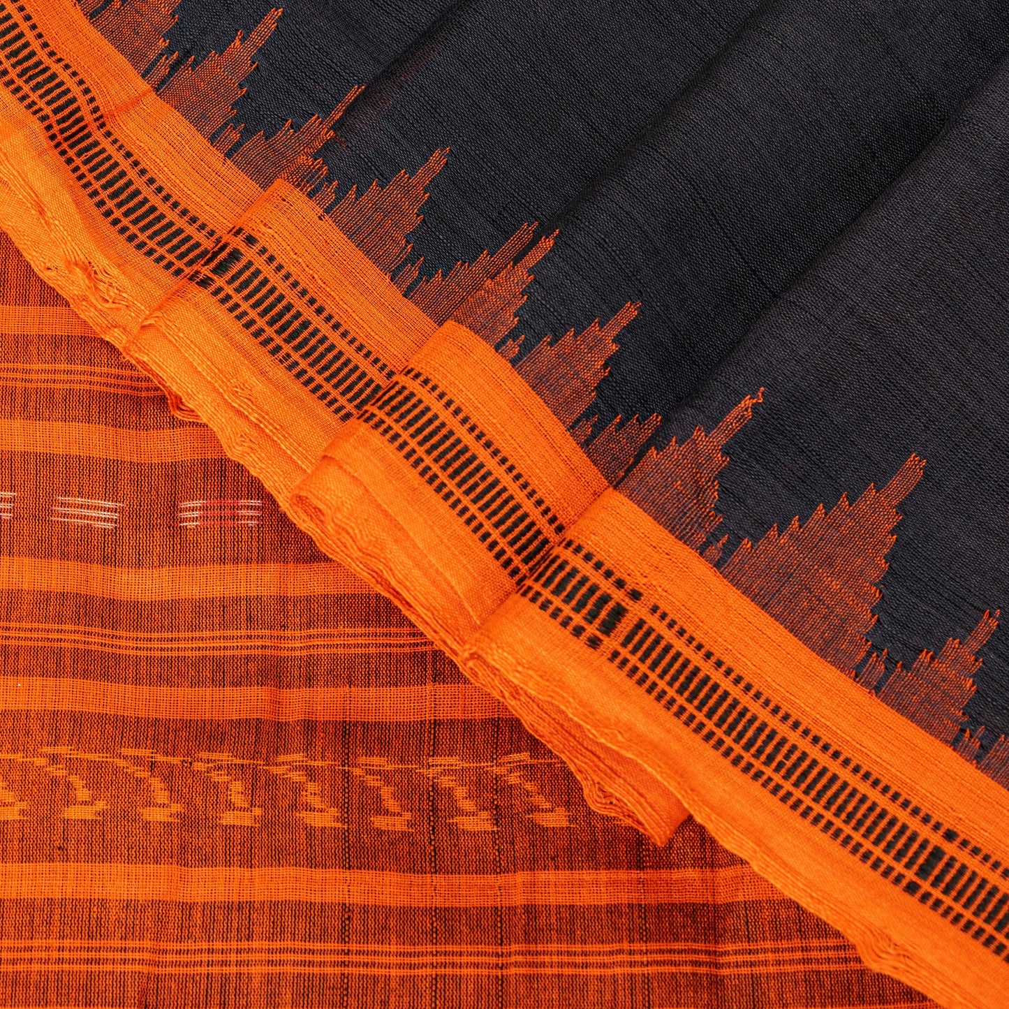 Sanskriti Vintage Black-Orange Pure Cotton Saree Handcrafted Bengali 5+YD Fabric