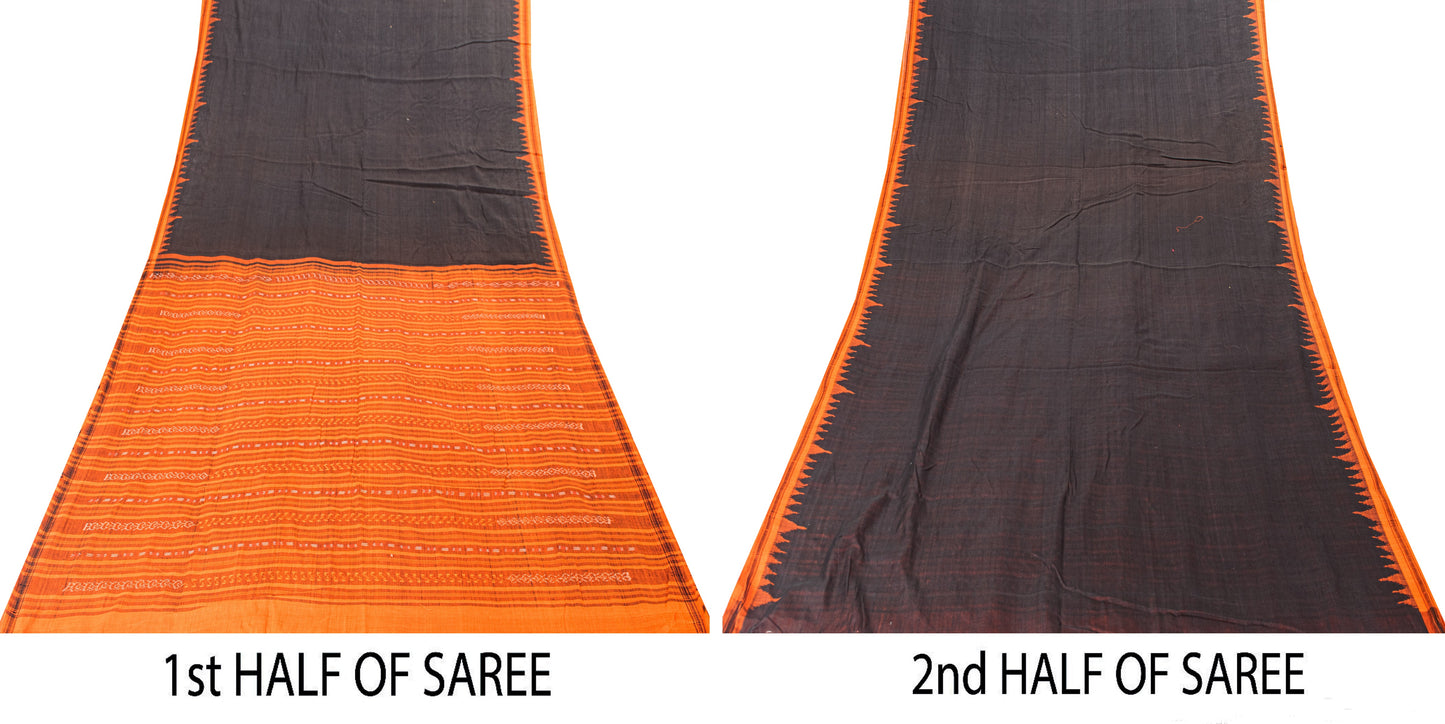 Sanskriti Vintage Black-Orange Pure Cotton Saree Handcrafted Bengali 5+YD Fabric