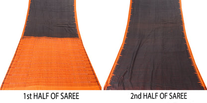 Sanskriti Vintage Black-Orange Pure Cotton Saree Handcrafted Bengali 5+YD Fabric