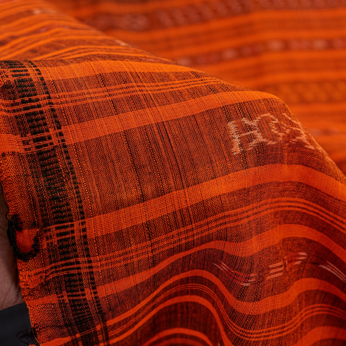 Sanskriti Vintage Black-Orange Pure Cotton Saree Handcrafted Bengali 5+YD Fabric