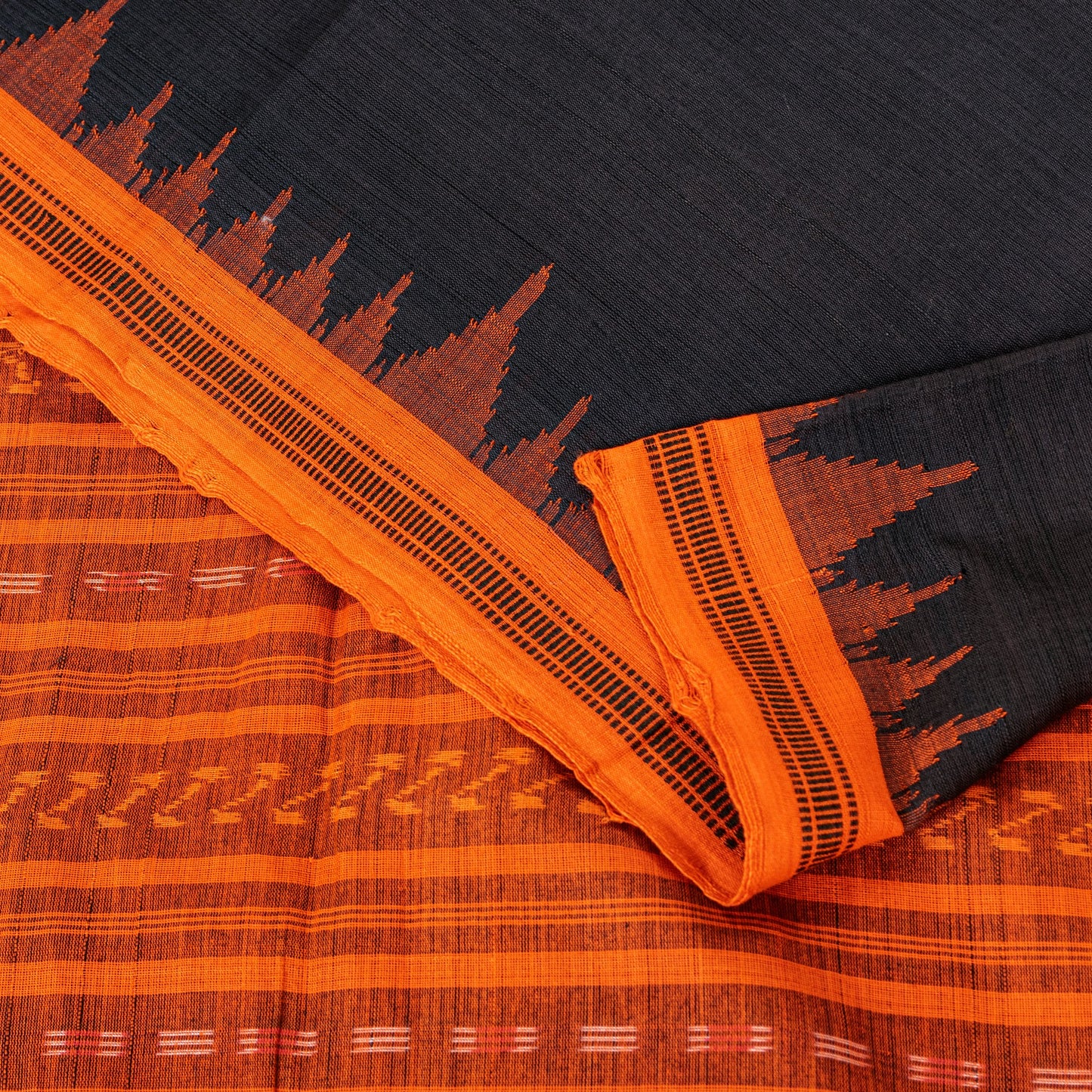 Sanskriti Vintage Black-Orange Pure Cotton Saree Handcrafted Bengali 5+YD Fabric