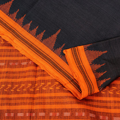 Sanskriti Vintage Black-Orange Pure Cotton Saree Handcrafted Bengali 5+YD Fabric
