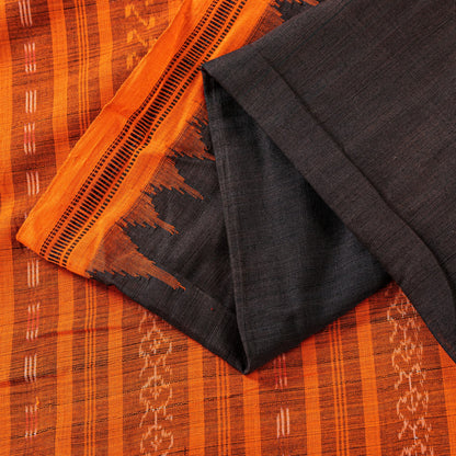 Sanskriti Vintage Black-Orange Pure Cotton Saree Handcrafted Bengali 5+YD Fabric