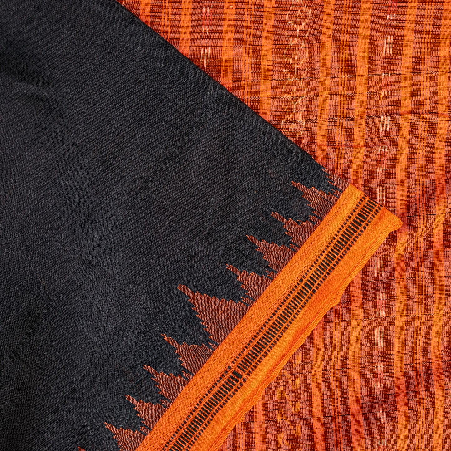 Sanskriti Vintage Black-Orange Pure Cotton Saree Handcrafted Bengali 5+YD Fabric