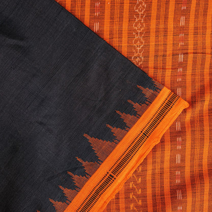 Sanskriti Vintage Black-Orange Pure Cotton Saree Handcrafted Bengali 5+YD Fabric