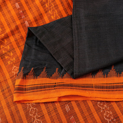 Sanskriti Vintage Black-Orange Pure Cotton Saree Handcrafted Bengali 5+YD Fabric