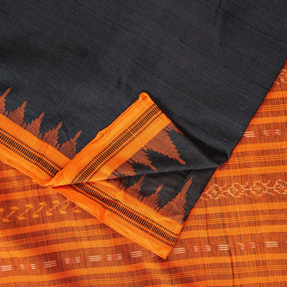 Sanskriti Vintage Black-Orange Pure Cotton Saree Handcrafted Bengali 5+YD Fabric