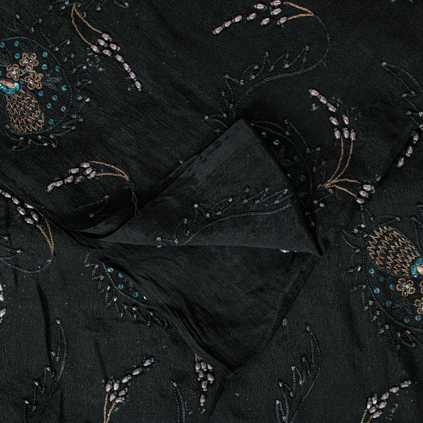 Sanskriti Vintage Black Pure Silk Saree Hand Beaded Indian 5.5+YD Craft Fabric