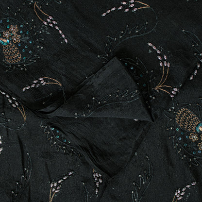 Sanskriti Vintage Black Pure Silk Saree Hand Beaded Indian 5.5+YD Craft Fabric