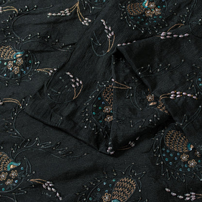 Sanskriti Vintage Black Pure Silk Saree Hand Beaded Indian 5.5+YD Craft Fabric