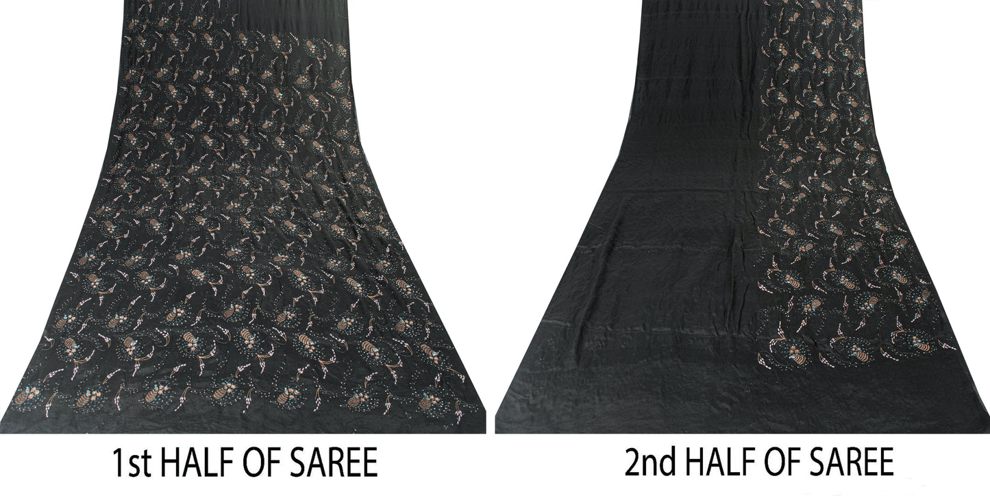 Sanskriti Vintage Black Pure Silk Saree Hand Beaded Indian 5.5+YD Craft Fabric