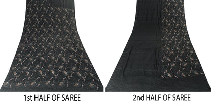 Sanskriti Vintage Black Pure Silk Saree Hand Beaded Indian 5.5+YD Craft Fabric