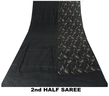 Sanskriti Vintage Black Pure Silk Saree Hand Beaded Indian 5.5+YD Craft Fabric