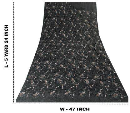Sanskriti Vintage Black Pure Silk Saree Hand Beaded Indian 5.5+YD Craft Fabric