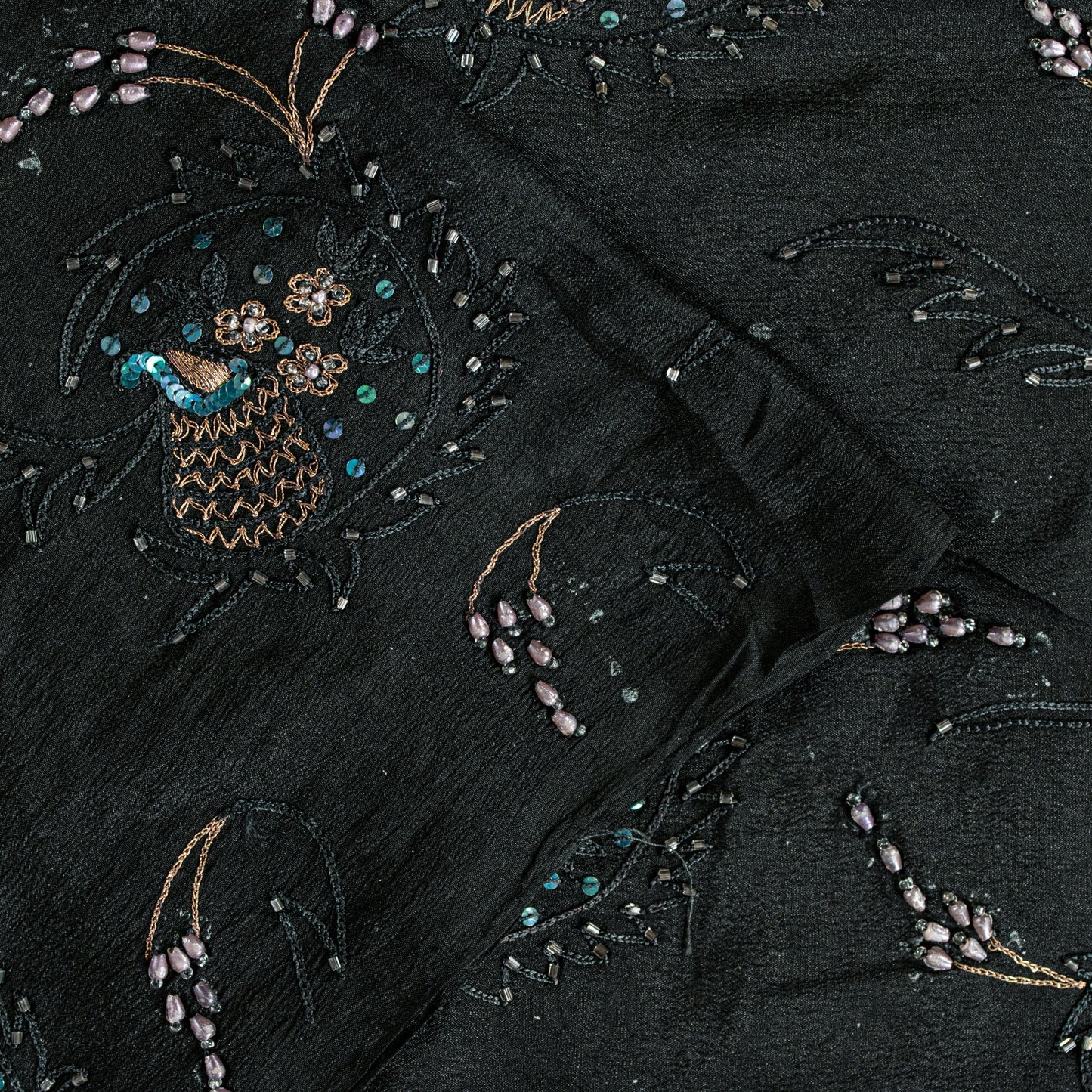 Sanskriti Vintage Black Pure Silk Saree Hand Beaded Indian 5.5+YD Craft Fabric